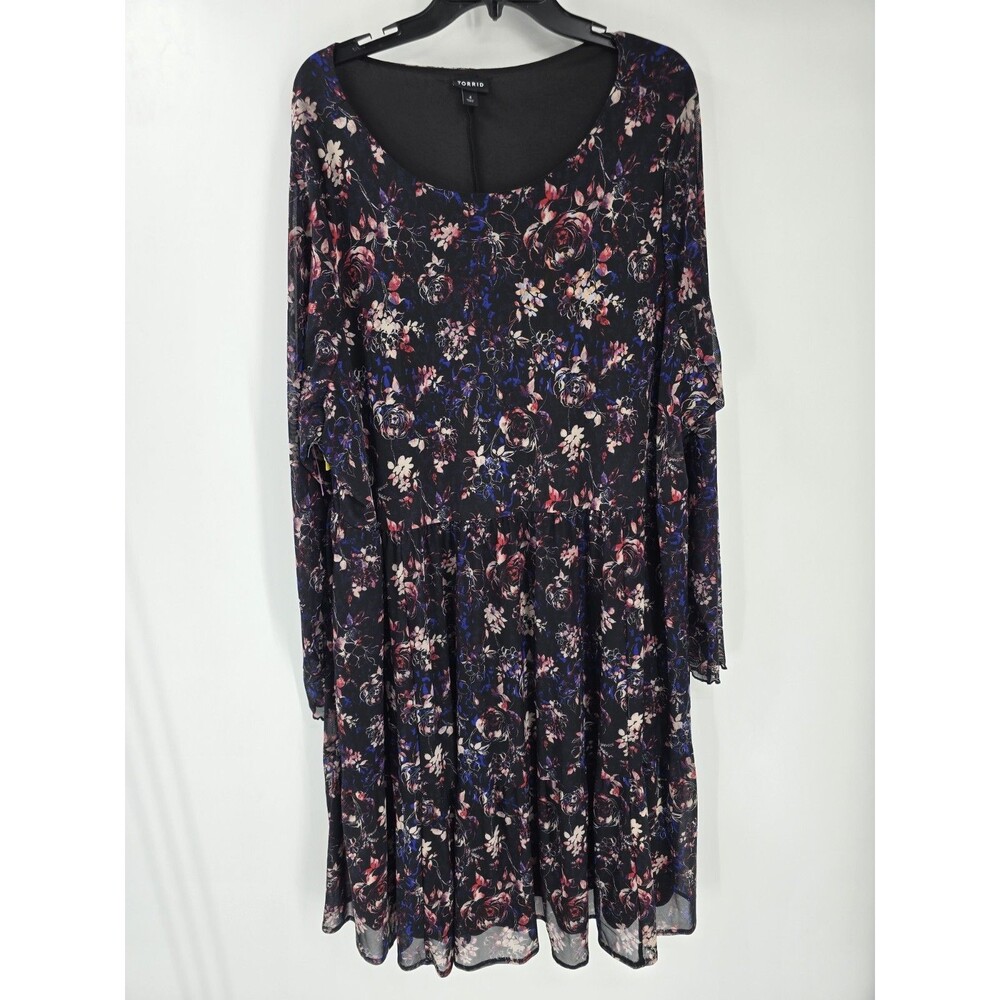 Torrid Plus Size Ruffled Mini Dress Mesh Dark Floral Black Skater Babydoll Dress